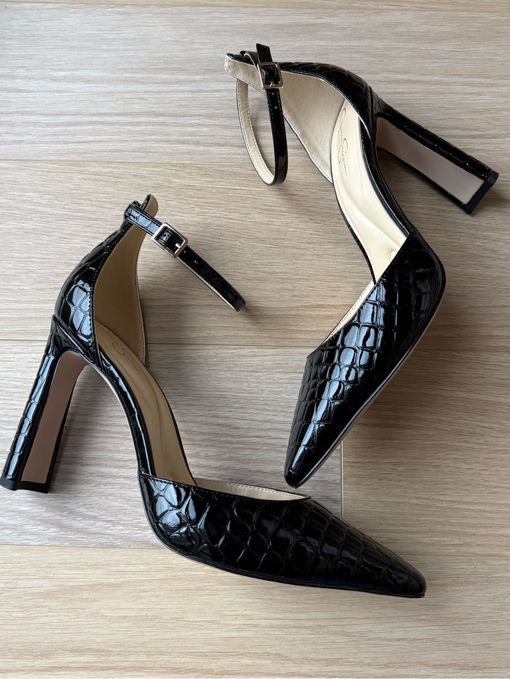 Classic Black Croc-Embossed Ankle-Strap Pumps